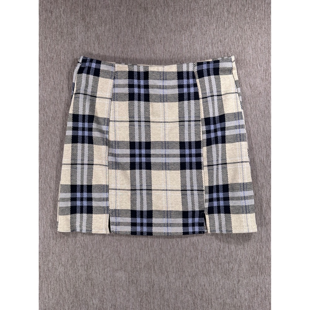Hesperus Plaid Mini Skirt Tan Navy Blue Checkered Front Slits Size L MHS6634 TWB